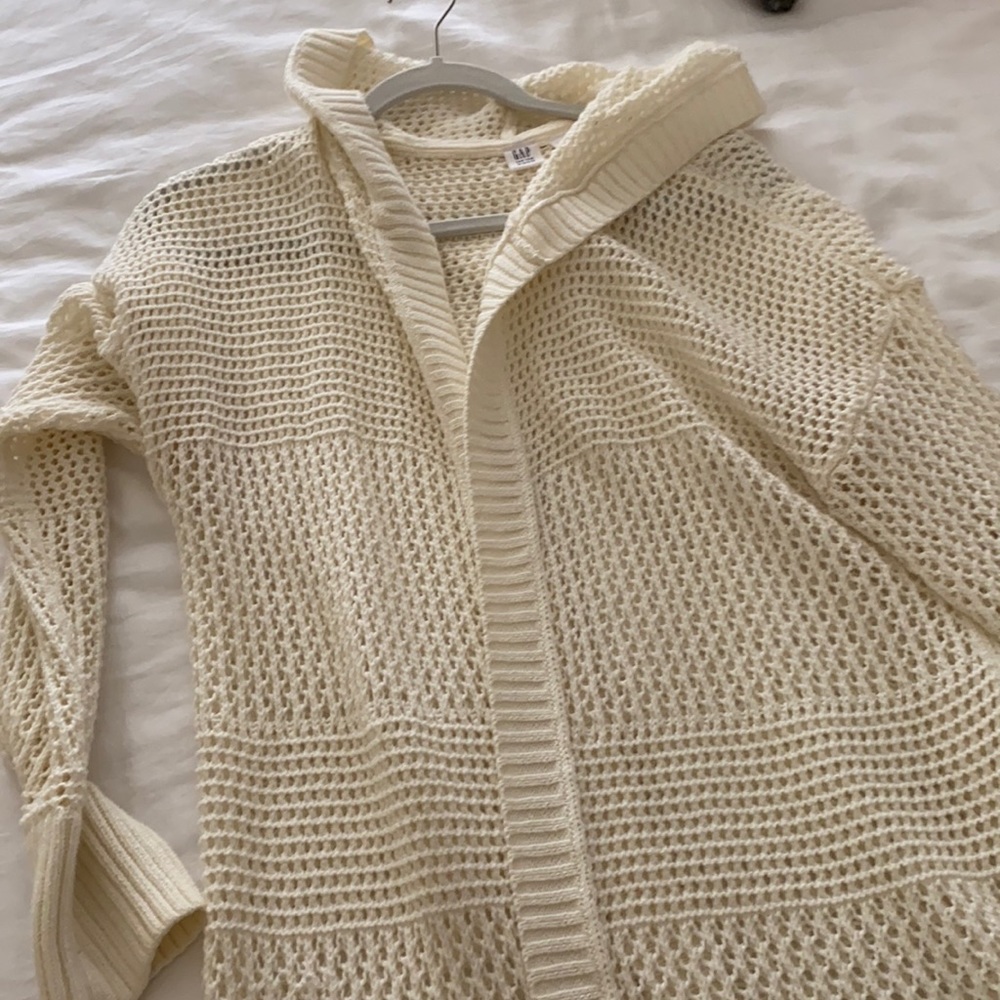 Crocheted, long, hooded cardigan